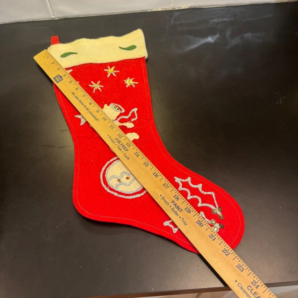 Vintage Christmas Stocking Red 20in Angel Moon Stars Felt Sequin Handmade MCM